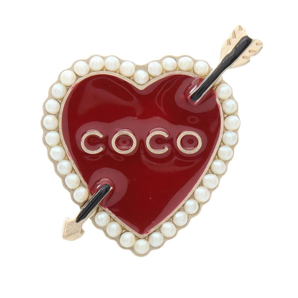 CHANEL Red Pearl Heart Brooch